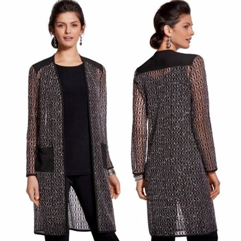 Chicos Travelers 2 Sheer Knit Duster Cardigan Black White L 12 Layering Travel